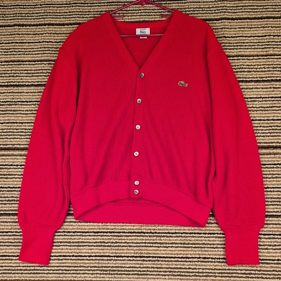 Lacoste Other - LACOSTE Vintage Red Weave Orlon Acrylic Medium Mens Cardigan Sweater VTG